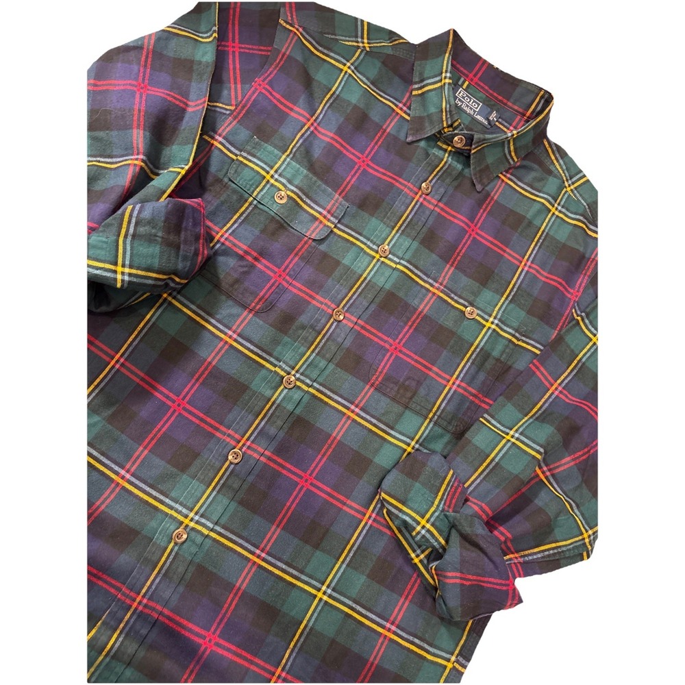 Polo Ralph Lauren Flannel Blue Green Red Plaid‎ Front Button Pockets Y2K VTG
